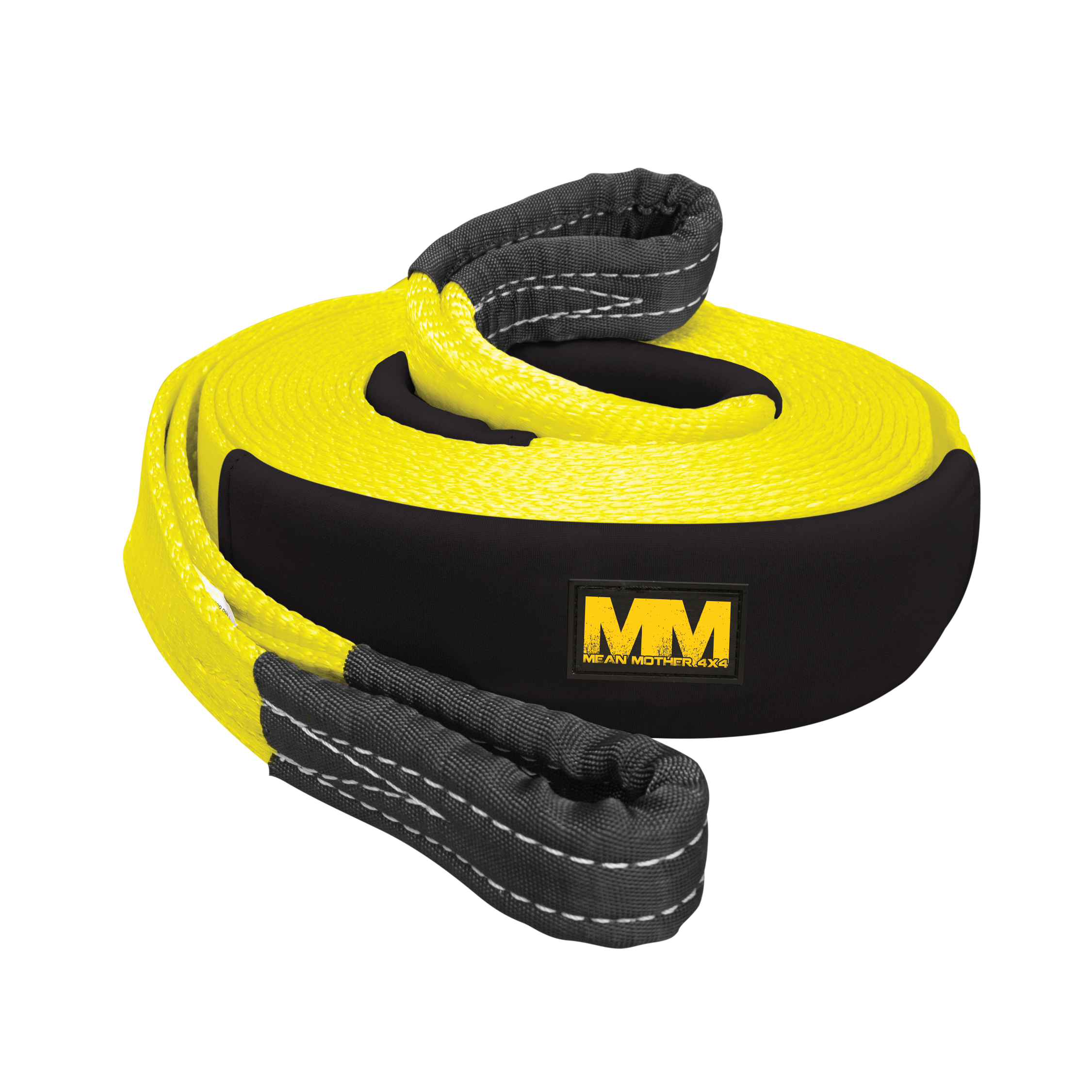 The Snatch Strap 8,000kg by Mean Mother is precisely coiled in vibrant yellow and features reinforced gray ends, a protective black middle section adorned with the distinctive yellow MM logo, expertly crafted from durable nylon webbing to provide optimal kinetic energy pulling force.