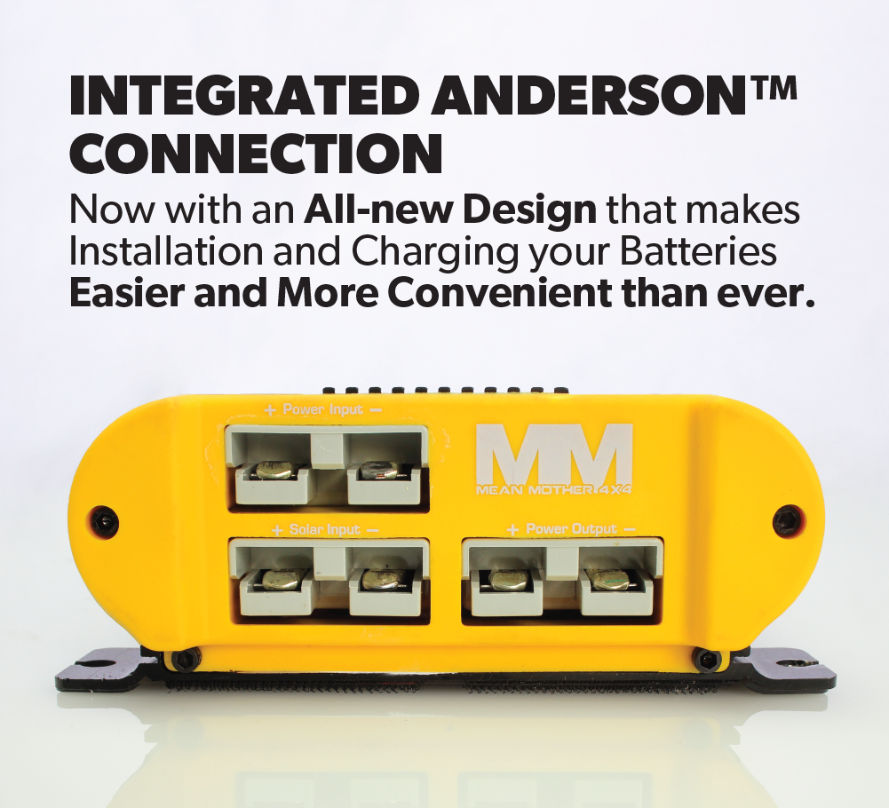 The image shows a yellow Mean Mother DCDC Charger 20 Amp (Trade Show Only) with black ports labeled "Power Input," "Solar Input," and "Power Output." Above the device is text promoting an "Integrated Anderson™ Connection" with an all-new design for easier battery installation and charging, ideal for those needing a robust DC-DC Charger for their 4x4 gear by Mean Mother 4x4.