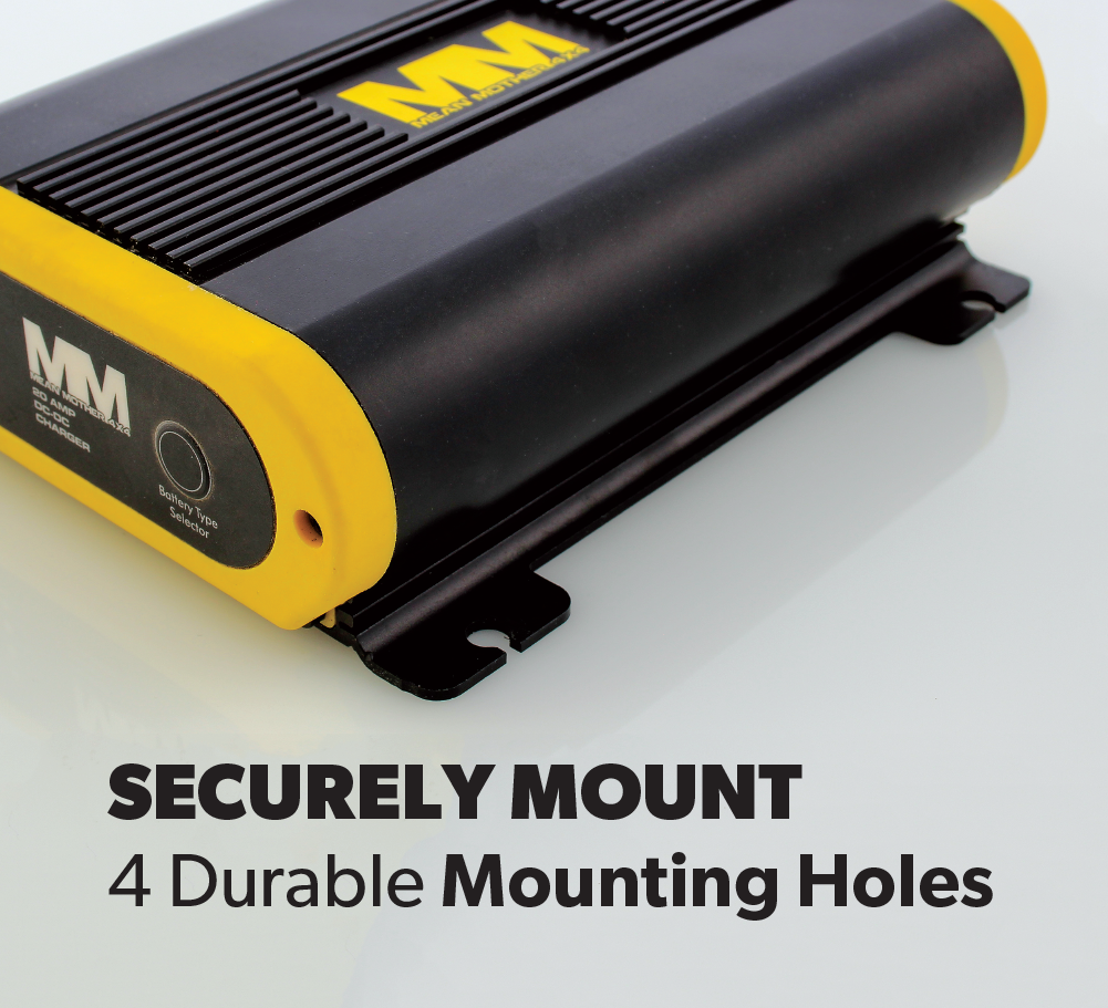 The Mean Mother DCDC Charger 20 Amp, a yellow and black electronic device branded with the "MM" logo from Mean Mother 4x4, is perfect for 4x4 gear enthusiasts. It features **SECURELY MOUNT 4 Durable Mounting Holes** beneath the device.