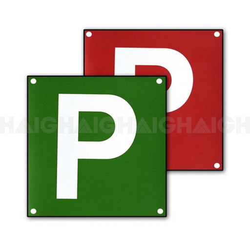 Mean Mother 4x4 P Plates VIC & WA – 2 Pack Red & Green Double-Sided Plates feature large white "P" letters on green and red backgrounds, with corner holes for easy mounting.