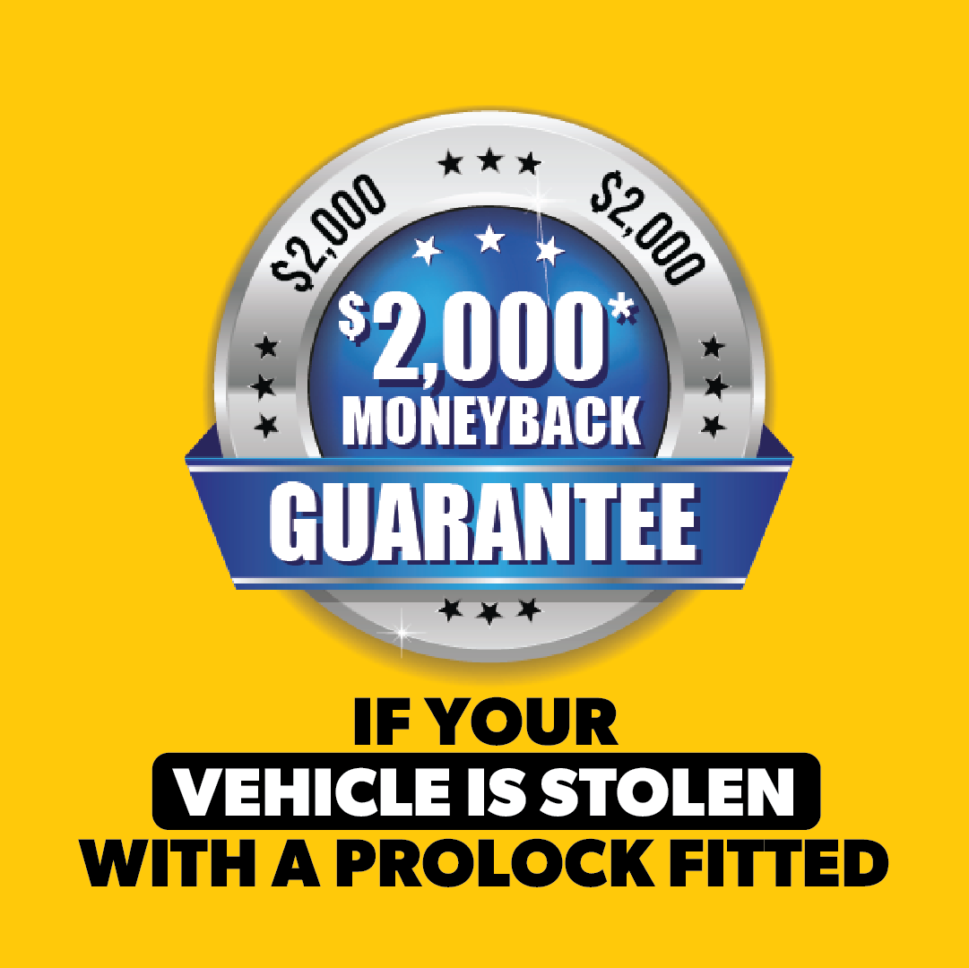 A silver badge shows "$2,000 Moneyback Guarantee" on a yellow background, with bold text below: "If your vehicle is stolen with a Sperling Steering Wheel Lock Prolock fitted.
