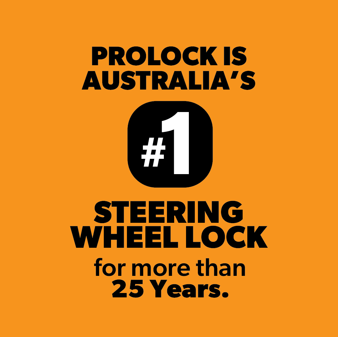 Orange background, bold black text: "Sperling Steering Wheel Lock Prolock is Australia’s #1 anti-theft device, trusted for over 25 years." The number 1 appears inside a black rounded square.