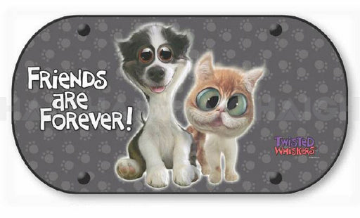 Cartoon dog and cat with big eyes stand close on a gray, paw-printed background. “Friends are Forever!” is playfully written above. The Mean Mother 4x4 Rear Shade "Friends4Eve" features its logo in the lower right corner.