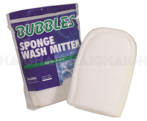 A Mean Mother 4x4 Bubbles - Sponge Wash Mitten in blue, white, and green packaging sits beside an unpackaged soft, white mitten-shaped sponge with a curved top.