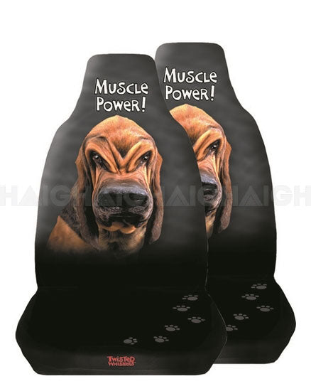 The Mean Mother 4x4 S/Cover "Muscle" Front Tw features two black car seat covers with a realistic, fierce dog and "Muscle Power!" above its head, plus paw prints at the bottom.