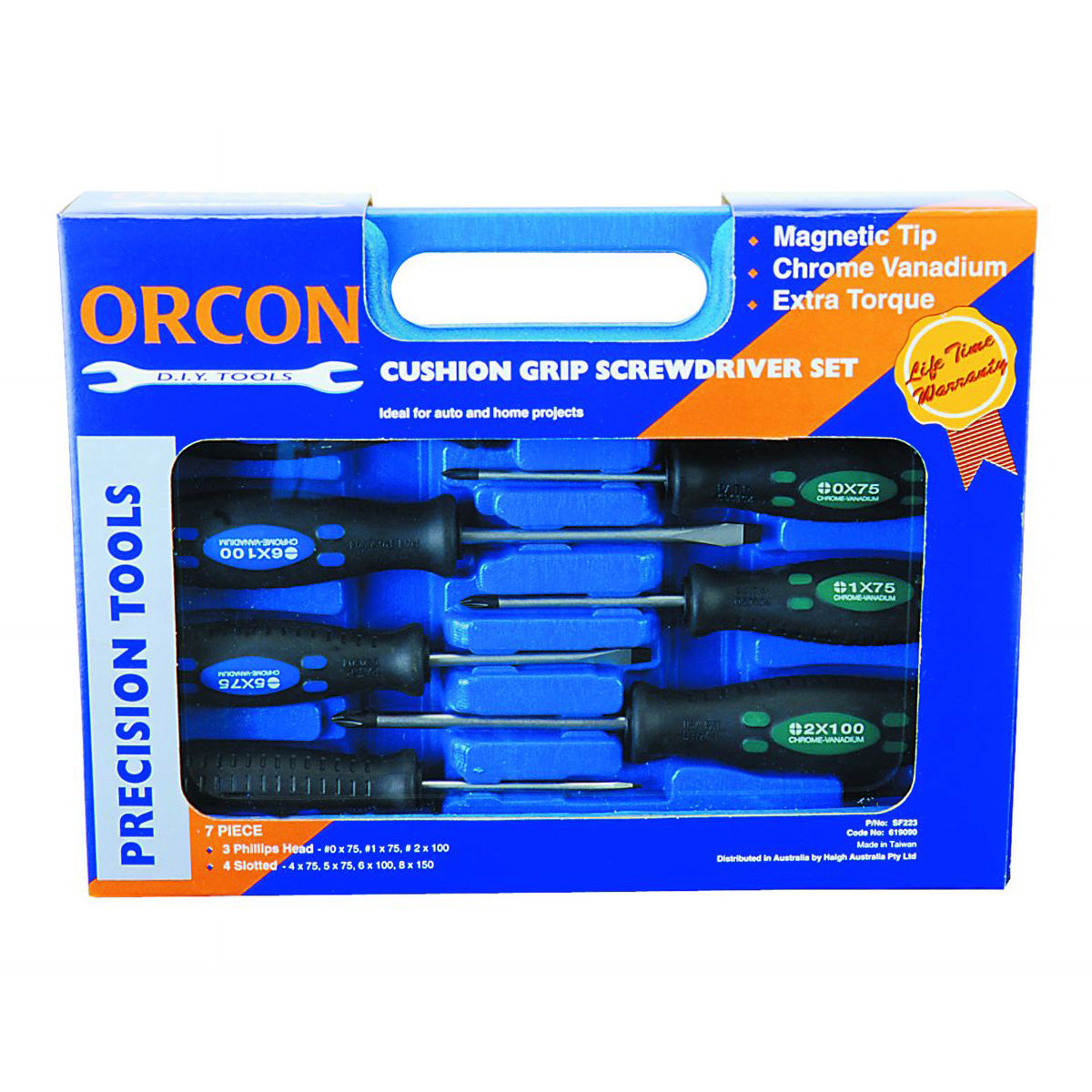 A blue box labeled "Mean Mother 4x4 7Pc Screwdriver Set" displays seven chrome vanadium steel screwdrivers with black and blue cushion grip handles and magnetic tips, ideal for precision, auto, or home projects.