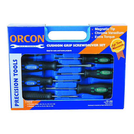 A blue box labeled "Mean Mother 4x4 7Pc Screwdriver Set" displays seven chrome vanadium steel screwdrivers with black and blue cushion grip handles and magnetic tips, ideal for precision, auto, or home projects.