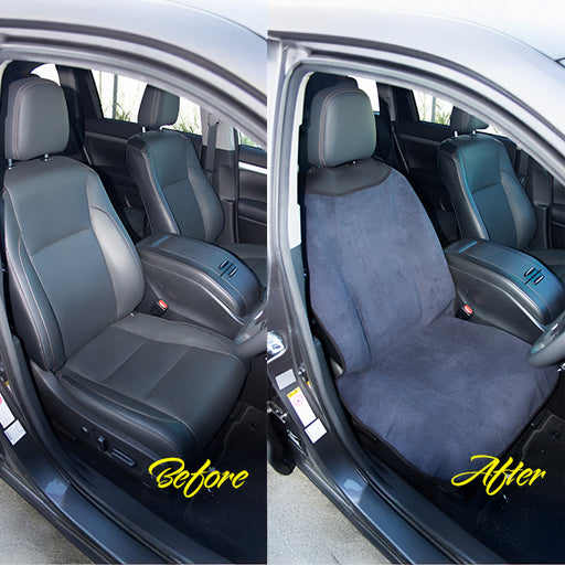 Split image of a car’s front seat before and after adding Mean Mother 4x4’s Seat Protector Microfiber Towel. Left: black leather seat, “Before.” Right: same seat with fitted dark gray microfiber towel, “After.”.