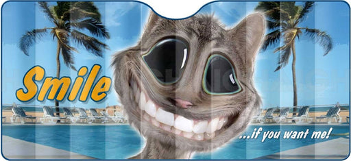 Mean Mother 4x4 Sun Shades "Smile" 145X70: Features a cartoon cat with big eyes and a wide grin by a pool and palm trees. The playful yellow and white text reads, "Smile ...if you want me!.