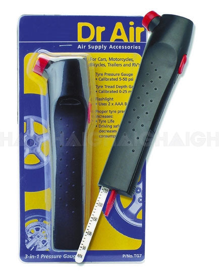 A packaged Mean Mother 4x4 Tyre Gauge 3 In 1 Torch/Depth Indicator: black, pen-shaped with red button and sliding white stick for tire pressure checking. Packaging is blue and yellow.
