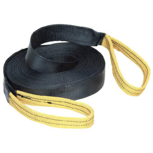 The Mean Mother 4x4 Winch Strap Black 50mm/5m, crafted from durable polyester with reinforced yellow looped ends, is coiled neatly on a white background—a must-have for any 4x4 recovery kit.