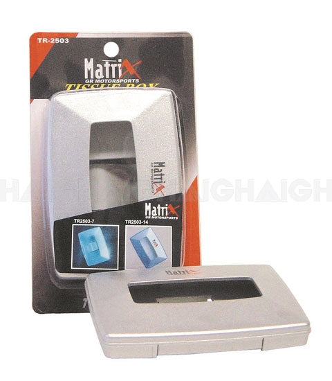 A silver Mean Mother 4x4 Tissue Box is displayed both inside and outside its black and red retail packaging, which features the brand name and small product images taken from various angles.