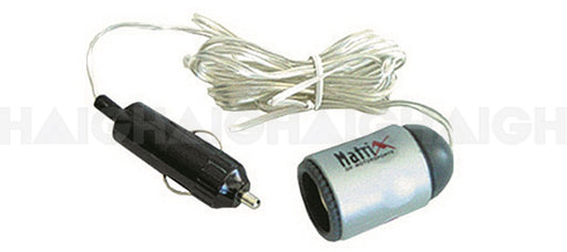 A car cigarette lighter plug connects to a long white cable, ending in a metallic silver and gray Mean Mother 4x4 One Way Socket.