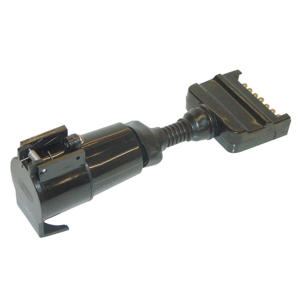 The Mean Mother 4x4 T-Adaptor 7 Pin Flat to 5 Pin Large Round is a black automotive diagnostic connector with a rectangular multi-pin and rounded plug, ideal for vehicle diagnostics or adapting trailer plugs.