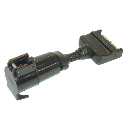 The Mean Mother 4x4 T-Adaptor 7 Pin Flat to 5 Pin Large Round is a black automotive diagnostic connector with a rectangular multi-pin and rounded plug, ideal for vehicle diagnostics or adapting trailer plugs.