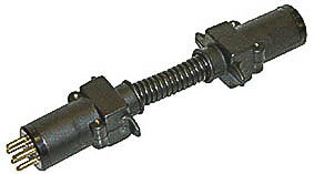 A close-up of the Mean Mother 4x4 T-Adaptor 7Pin Plug-6Pin Socket, featuring a black electrical connector with a coiled spring center and multiple metal pins at one end.