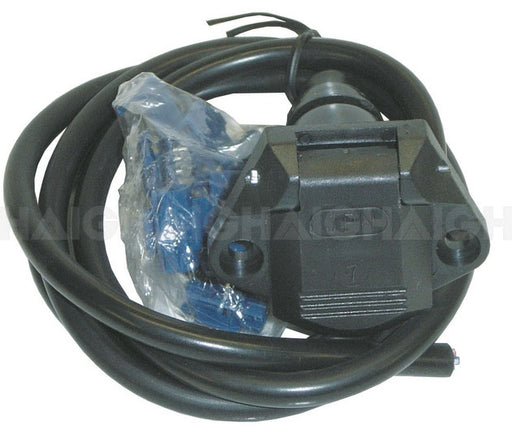 The Mean Mother 4x4 T-Socket 7 Pin Round Plastic W/Cable is a black electrical cable with a large rectangular connector, partially wrapped in protective plastic, and coiled neatly.