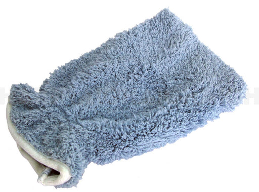 The Mean Mother 4x4 Cleaning Mitt Microfiber is a fluffy gray wash mitt with a white cuff, ideal for cleaning or washing surfaces like cars.