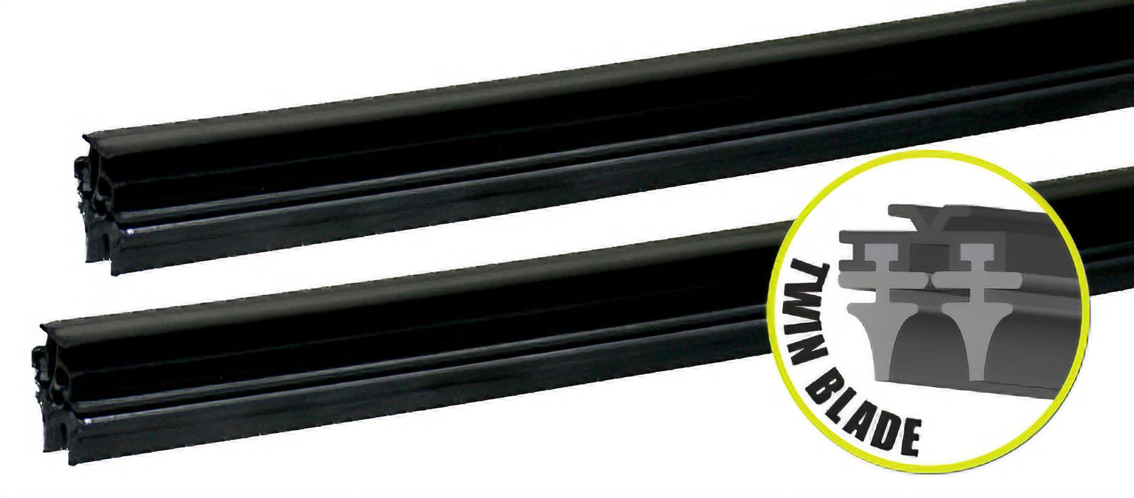 Two black rubber T/Blade Wiper Refill 8mm by Mean Mother 4x4 are shown side by side, with an inset diagram labeled "TWIN BLADE" highlighting their all-weather, streak-free design.