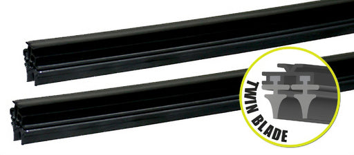 Two black rubber T/Blade Wiper Refill 8mm by Mean Mother 4x4 are shown side by side, with an inset diagram labeled "TWIN BLADE" highlighting their all-weather, streak-free design.