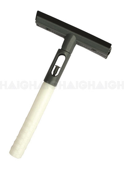 The Mean Mother 4x4 Squeegee With Spray Handle features a black and white design, rubber blade, and textured handle—ideal for cleaning windows or glass—shown against a plain white background.