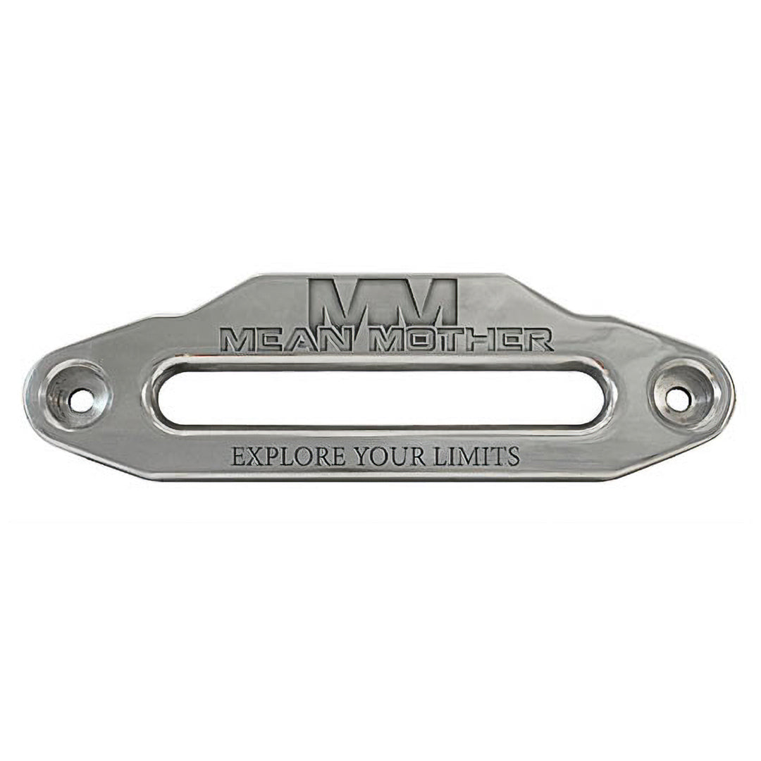 The Fairlead | MM Alloy 254mm by Mean Mother 4x4 is a metallic alloy plate with "MM MEAN MOTHER" embossed at the top, "EXPLORE YOUR LIMITS" engraved below the opening, and features two mounting holes on each end for synthetic winch ropes.