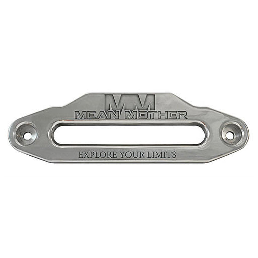 The Fairlead | MM Alloy 254mm by Mean Mother 4x4 is a metallic alloy plate with "MM MEAN MOTHER" embossed at the top, "EXPLORE YOUR LIMITS" engraved below the opening, and features two mounting holes on each end for synthetic winch ropes.