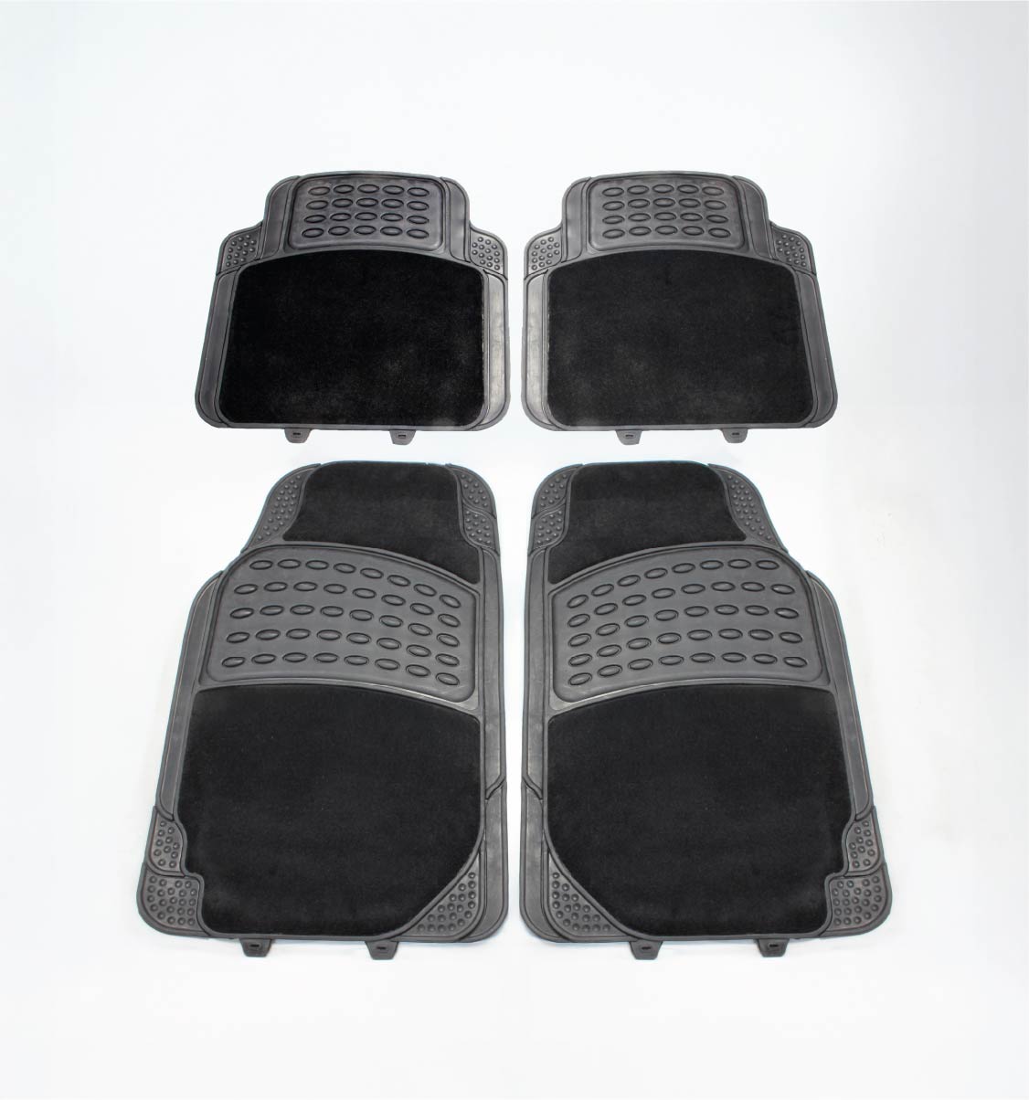 Four Mean Mother 4x4 Carpet Floor Mats, featuring textured rubber edges and fabric centers, are arranged in pairs. The front mats are larger for extra protection, while the smaller ones fit rear seats, guarding your car’s interior.