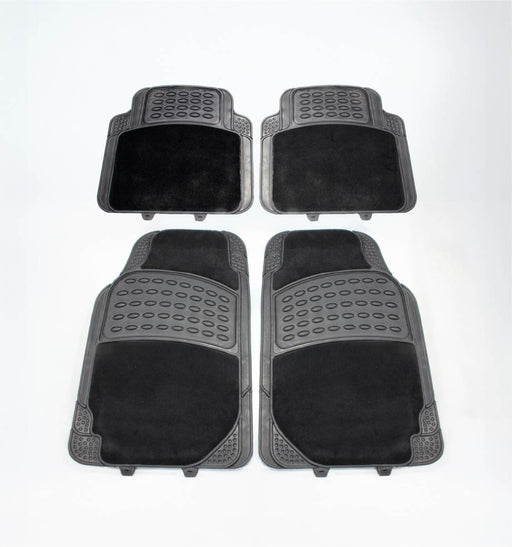 Four Mean Mother 4x4 Carpet Floor Mats, featuring textured rubber edges and fabric centers, are arranged in pairs. The front mats are larger for extra protection, while the smaller ones fit rear seats, guarding your car’s interior.