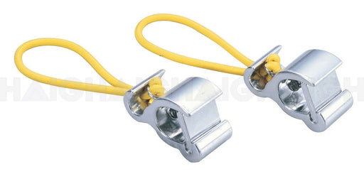 Two Mean Mother 4x4 Tarp Clamp Aluminum clips with yellow rubber loops are shown side by side on a white background. Ideal for securing tarps or organizing gear, this set includes 2 sturdy metal clamps.
