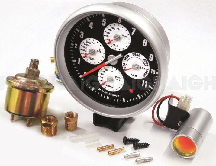 The Mean Mother 4x4 Tachometer Led Multi-Colours 127mm DC12V kit includes wiring, connectors, sensor, small install parts, and an external warning light, all displayed on a white background.