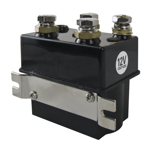 A Mean Mother 4x4 Solenoid 500Amp 12V Boss in black, featuring two metal terminals and a mounting bracket, shown from an angle.