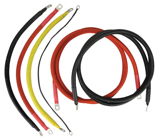 The Mean Mother 4x4 Power Cable Kit Tinned Copper features red, yellow, and black wires with metal loop connectors, neatly arranged on a white background.