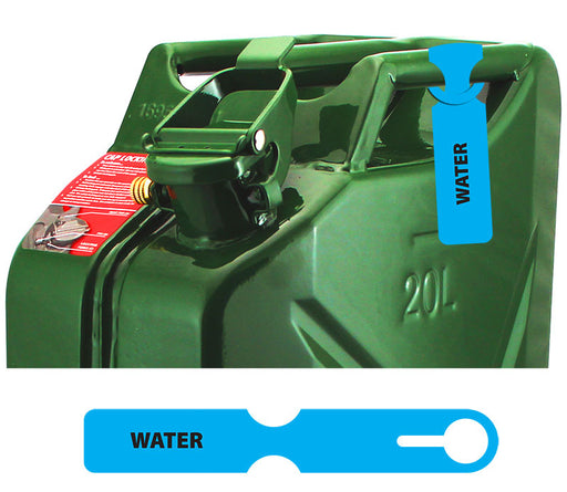 A green 20-liter jerry can with a Mean Mother 4x4 Fuel Can Tag Blue/Water labeled "WATER" on its handle. Below is a close-up of the same blue tag showing the word "WATER".