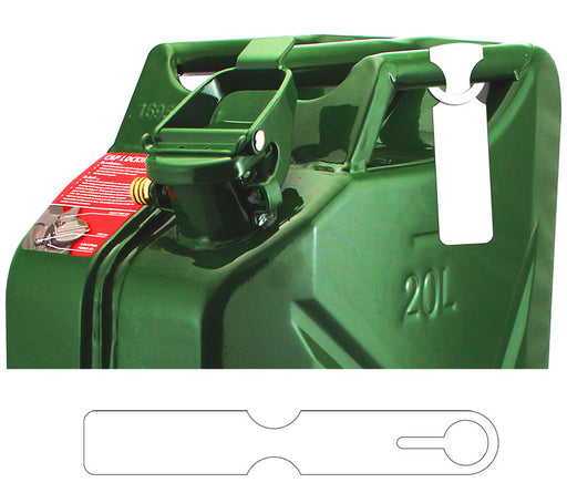 The Mean Mother 4x4 Fuel Can Tag White/Blank is a green 20-liter metal jerry can with a locking cap, shown with its metal spout attachment.