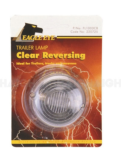 The Mean Mother 4x4 Trailer Lamp 3" Clear Carded is a round, clear lamp for trailers, trucks, and caravans, packaged in plastic and cardboard with “Clear Reversing” highlighted in yellow text on the packaging.