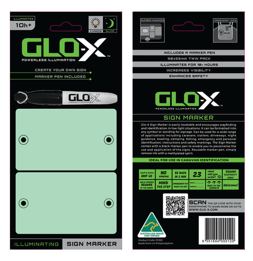The Mean Mother 4x4 Glo X Sign Tile Incls Marker set includes a green marker and two glow-in-the-dark tiles. Packaging front shows its use; back lists instructions, features, and specs.