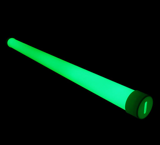 The Mean Mother 4x4 Glo X Tube Sleeve 600*25mm is a glowing green light stick with a black cap, displayed diagonally on a black background.