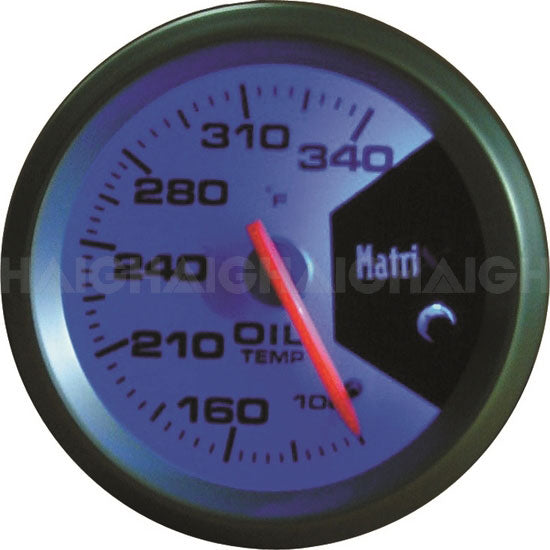 The Mean Mother 4x4 Gauge Matrix 2" Elect. is a round, illuminated oil temperature gauge showing 100–340°F. The needle indicates about 240°F, and "Matrix" is displayed on the right side of the gauge face.