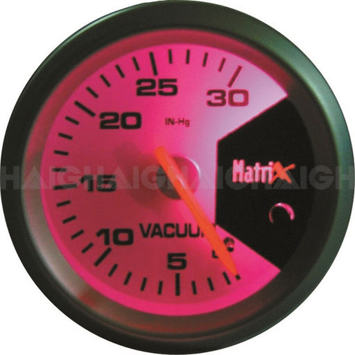 The Mean Mother 4x4 Gauge Matrix 2" Vacuum is a round, illuminated gauge with a pink glow, reading 0–30 IN-Hg. The needle points near 16, and "Matrix" appears on the right of the gauge face.