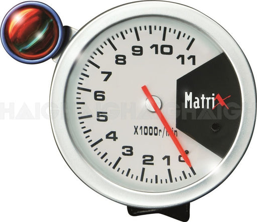 The Mean Mother 4x4 Gauge Matrix 3 3/4" Ta is a round tachometer with a white face, black numbers, and a red needle just above 4 (x1000 r/min), plus a colorful shift light on the top left.
