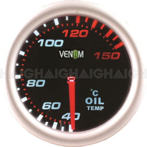 The Mean Mother 4x4 Gauge Venom 2" Oil Temp - Black Face shows oil temperature in Celsius (40-150), with the needle at 50°C. "VENOM" appears at the center, and blue, white, and red markings highlight different temperature ranges.