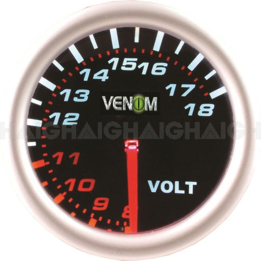 The Mean Mother 4x4 Gauge Venom 2" Volt – Black Face features a black background, silver rim, and a scale from 8 to 18 with red, white, and orange numbers. The needle rests at 8.