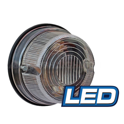Close-up of the Mean Mother 4x4 Led Trailer Lamp 3" Clear, featuring a round, clear LED light with a ribbed lens and black rubber gasket. "LED" is displayed in bold white and blue at the bottom right corner.