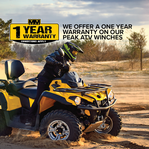 A person navigates sandy terrain on a yellow and black ATV, prominently featuring in the foreground. Text on the image announces, "We offer a one-year warranty on our Mean Mother ATV Winch 2000lb with Synthetic Rope. Conditions apply." The top left corner showcases a logo stating "1 Year Warranty.