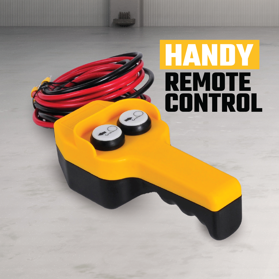 A yellow remote control with two black buttons featuring up and down arrow symbols, connected to a bundled set of red and black cables, is placed on a grey surface. The text "HANDY REMOTE CONTROL" appears in bold letters on the right side of the image. This device complements the Mean Mother ATV Winch 2000lb with Synthetic Rope by Mean Mother.