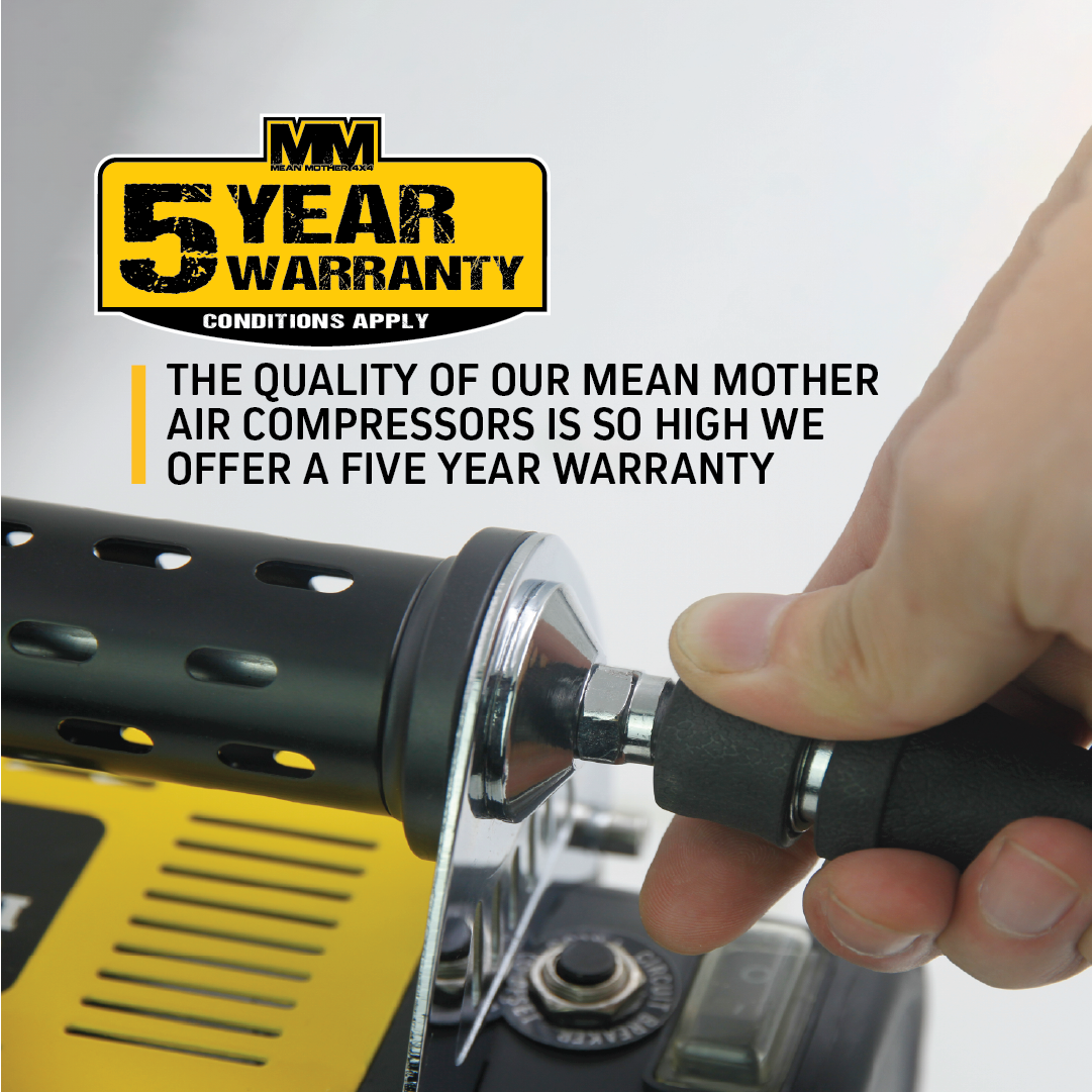Close-up of a hand connecting a hose to a yellow Mean Mother 4x4 12V Air Compressor 110lpm, with a "5 Year Warranty" label and text highlighting its quality and five-year warranty offer.