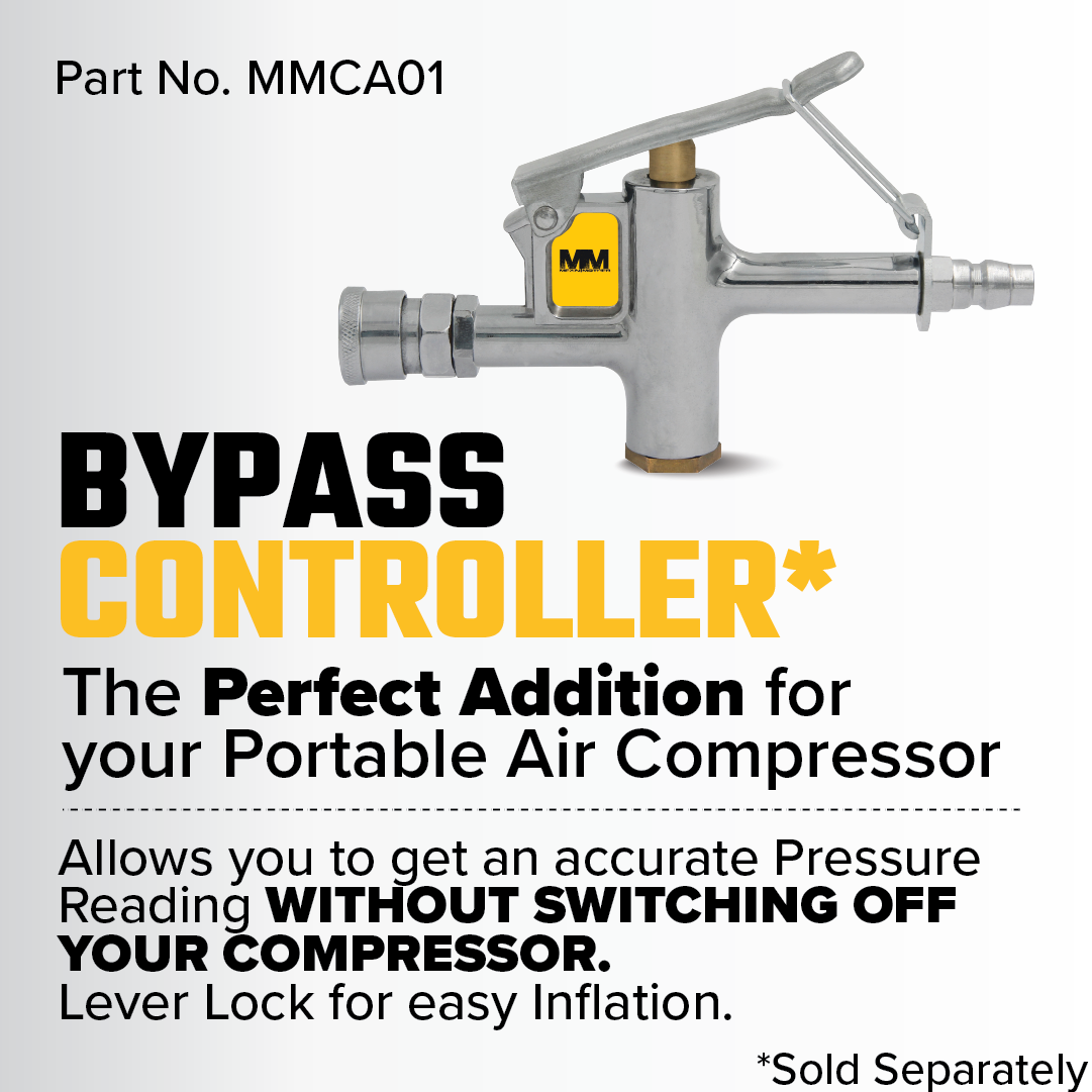 A gray and silver Mean Mother 4x4 12V Air Compressor 110lpm bypass controller with yellow highlights is shown above bold text, promoting it as the ideal solution for accurate pressure reading without switching off your air compressor.