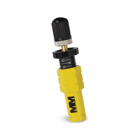 The Mean Mother 4x4 Tyre Deflators - 4 Pack features a yellow cylindrical design with a black ridged knob, marked with calibration numbers ranging from 10 to 30. This adjustable device proudly displays the letters "MM" on its body and is perfect for off-road enthusiasts requiring precise 1 PSI tyre deflation.