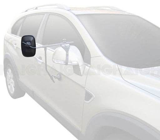 A Mean Mother 4x4 Mirror Towing Head Suit MH3006 & MH3007 is attached to the driver’s side door of a silver SUV, enhancing rear visibility when towing.